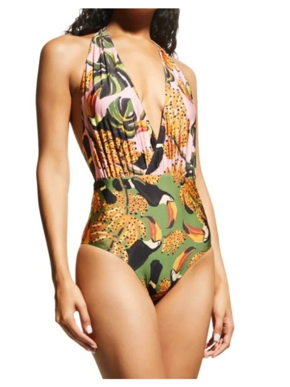 Farm Rio Toucananas Halter One-Piece Swimsuit Size XL NWT Toucan Tropical